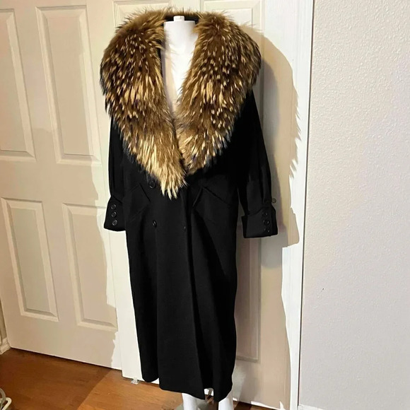 Vintage Gemini Black Full Length Wool Coat Finncoon Raccoon Fur Button Up Collar - Picture 2 of 10